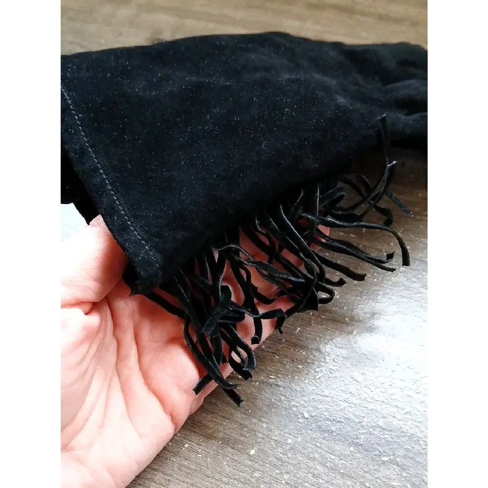 Vintage Women's Wells Lamont Black Leather Gloves With Fringe